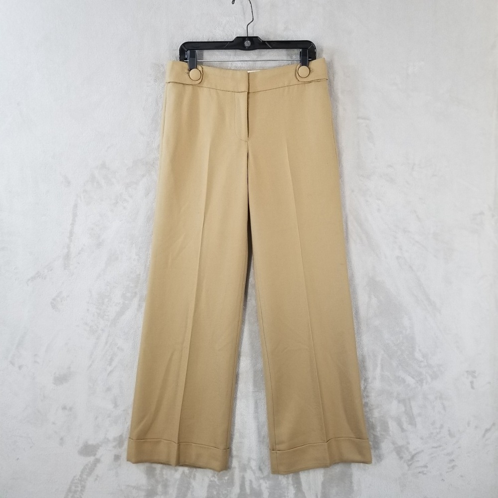 J Crew Pants Women 8 Tan Wool Wide Leg Cuff Favorite Fit Minimal Capsule Neutral - Picture 1 of 11